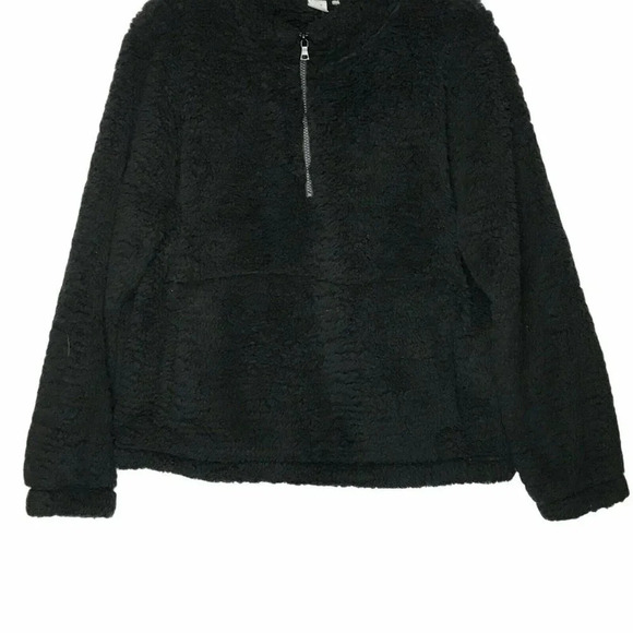 GAP Sweatshirt Women's Sz M Fleece Sherpa 1/4 Zip Pullover Kangaroo Pocket Black - Picture 5 of 10